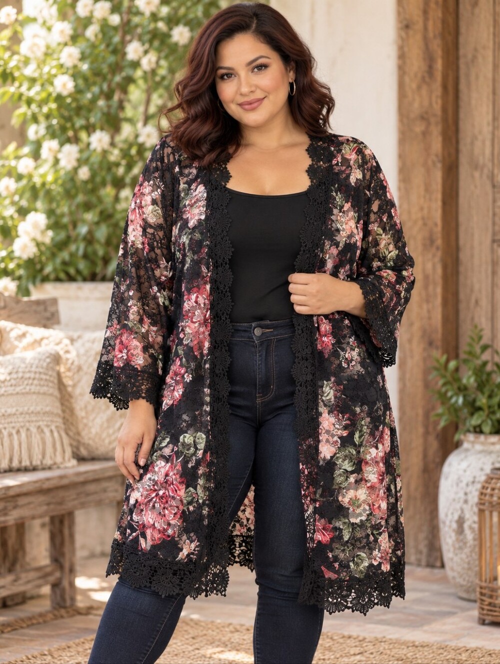 Jolie & Joy NWT Size 1X Floral Lace Open Front Kimono Cardigan